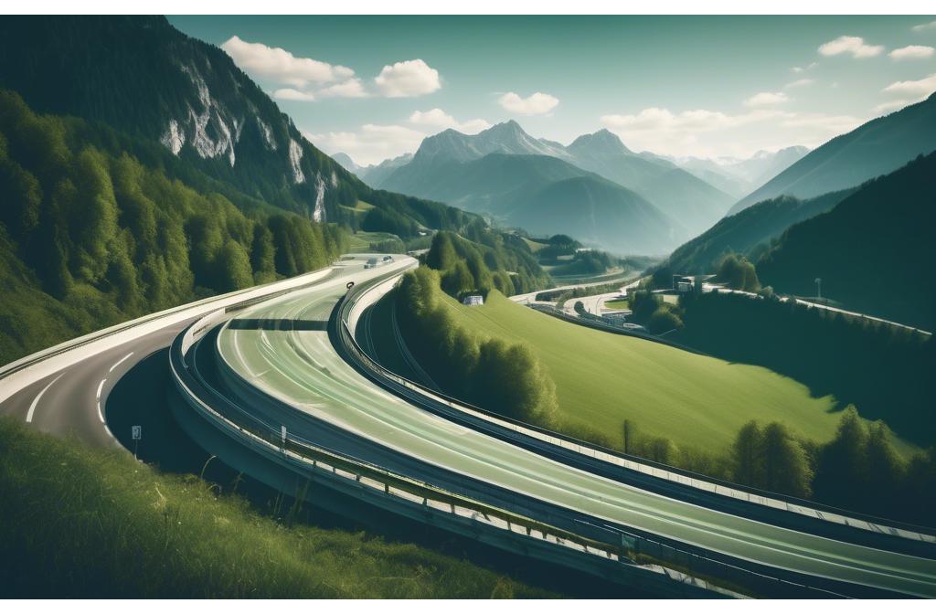 Scenic view of an Austrian motorway winding through mountains under a blue sky